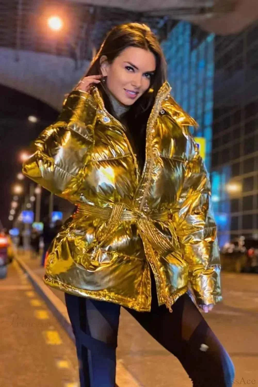 Padded Coat with Puff Sleeves and Metallic Belted Waist