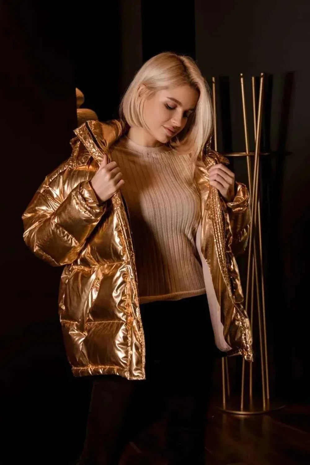 Padded Coat with Puff Sleeves and Metallic Belted Waist