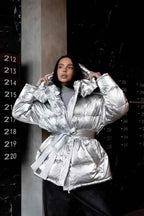 Padded Coat with Puff Sleeves and Metallic Belted Waist