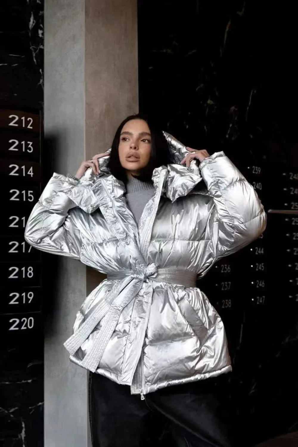 Padded Coat with Puff Sleeves and Metallic Belted Waist