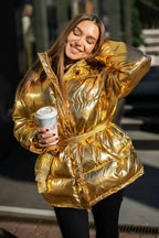 Padded Coat with Puff Sleeves and Metallic Belted Waist