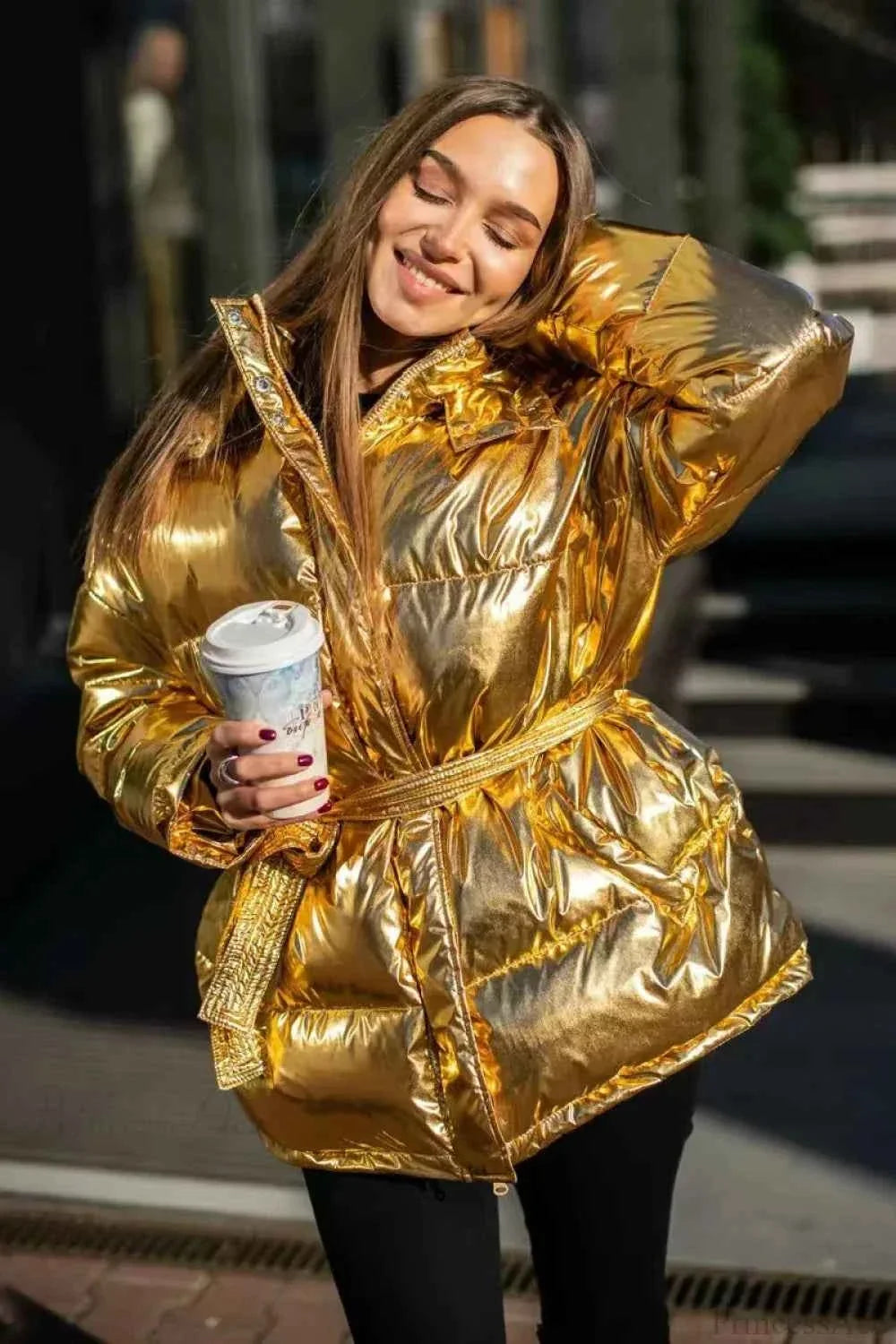 Padded Coat with Puff Sleeves and Metallic Belted Waist