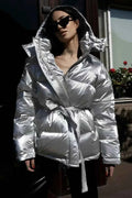 Padded Coat with Puff Sleeves and Metallic Belted Waist