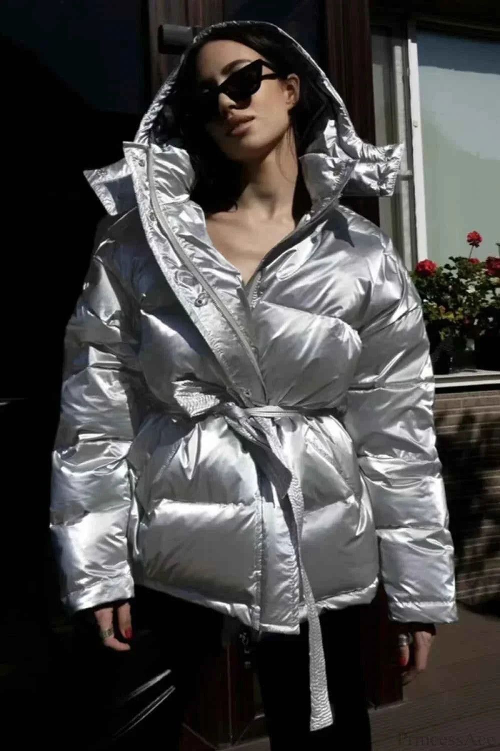 Padded Coat with Puff Sleeves and Metallic Belted Waist