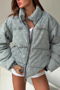 Manteau en jacquard à motif croissant, col montant et zip