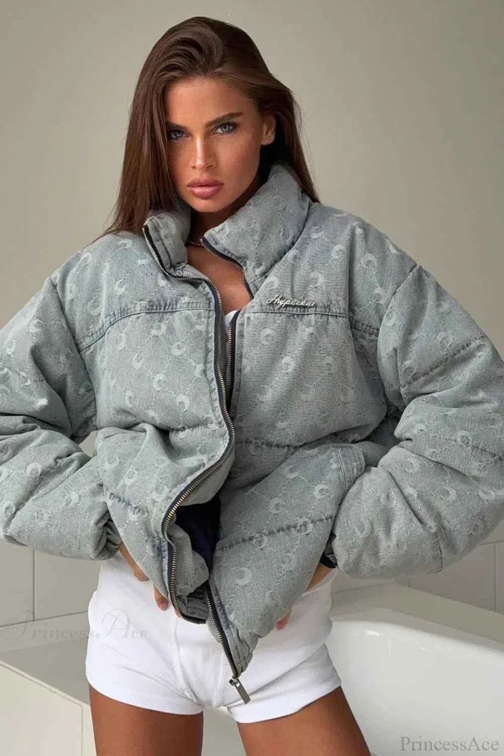 Jacquard Coat with Croissant Motif and Stand Collar Zip Front