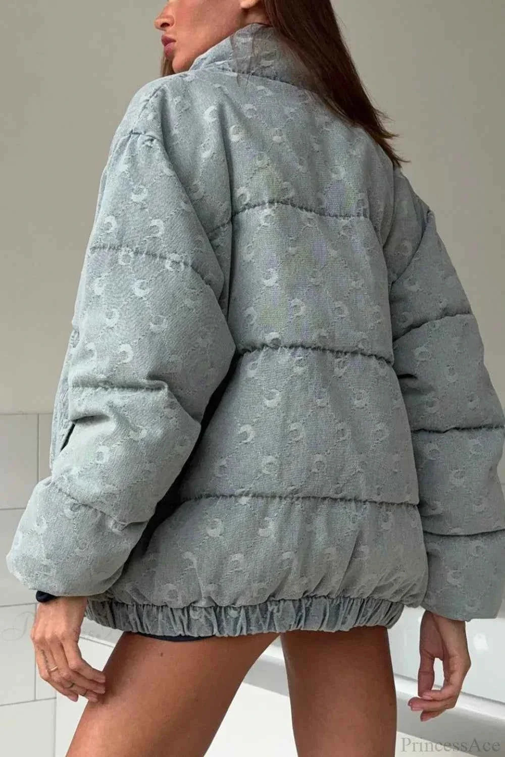 Jacquard Coat with Croissant Motif and Stand Collar Zip Front