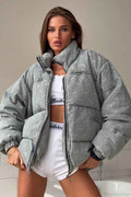 Jacquard Coat with Croissant Motif and Stand Collar Zip Front