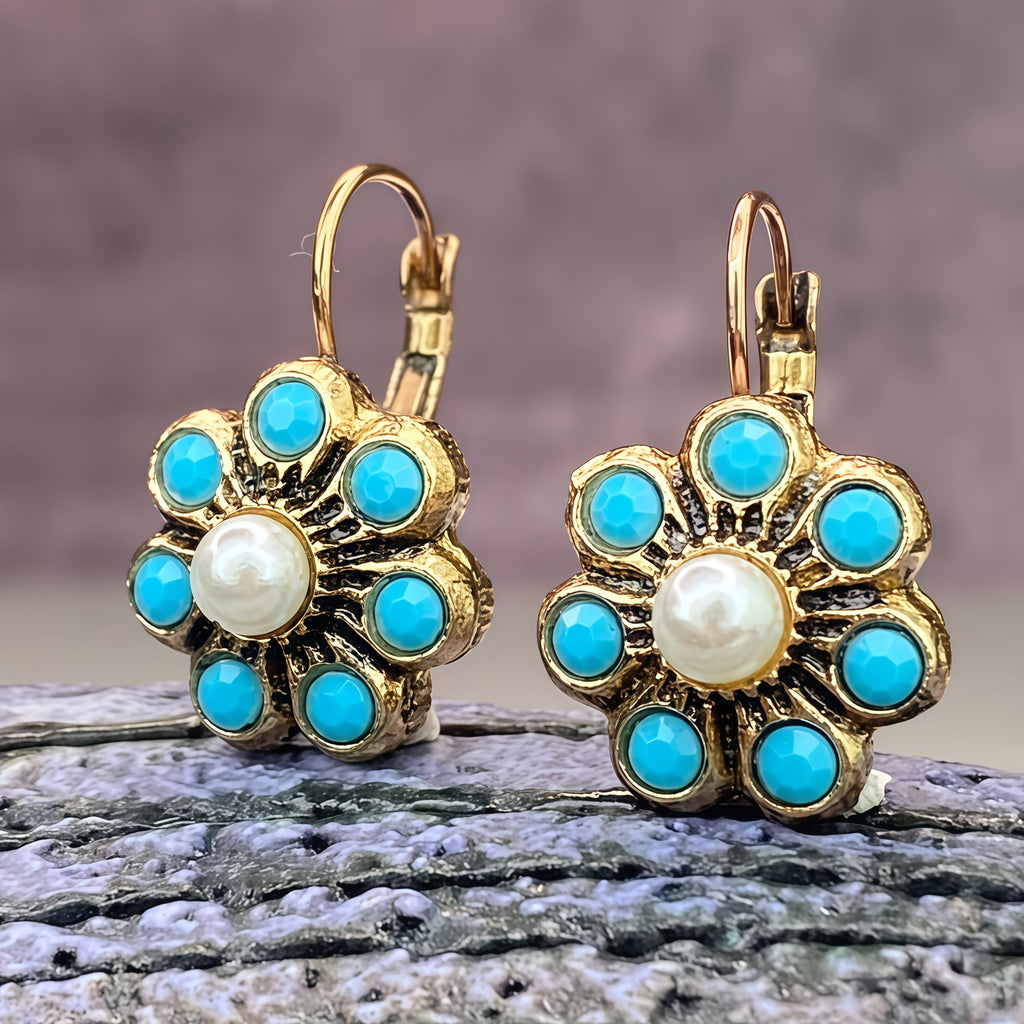 Vintage Turquoise and Pearl Flower Earrings