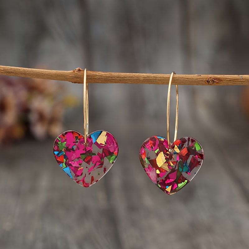 Vintage Resin Glitter Heart Pendant Earrings