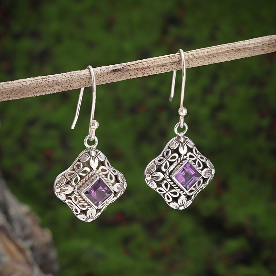 Brincos Pendentes Vintage em Filigrana Floral com Zircónias Roxas
