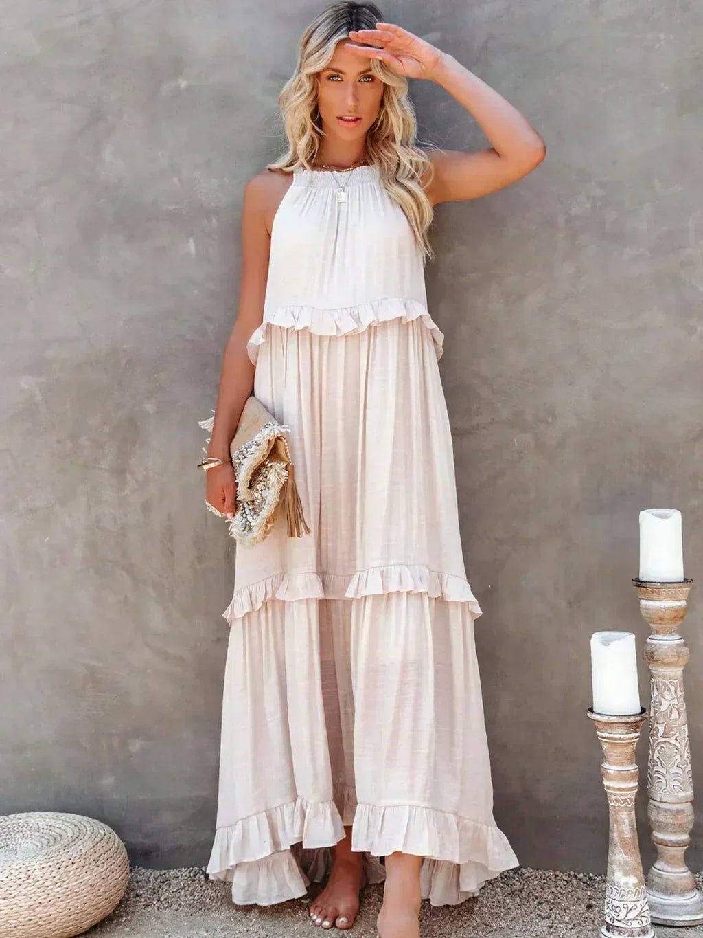 Sleeveless Halter Tiered Ruffle Maxi Dress