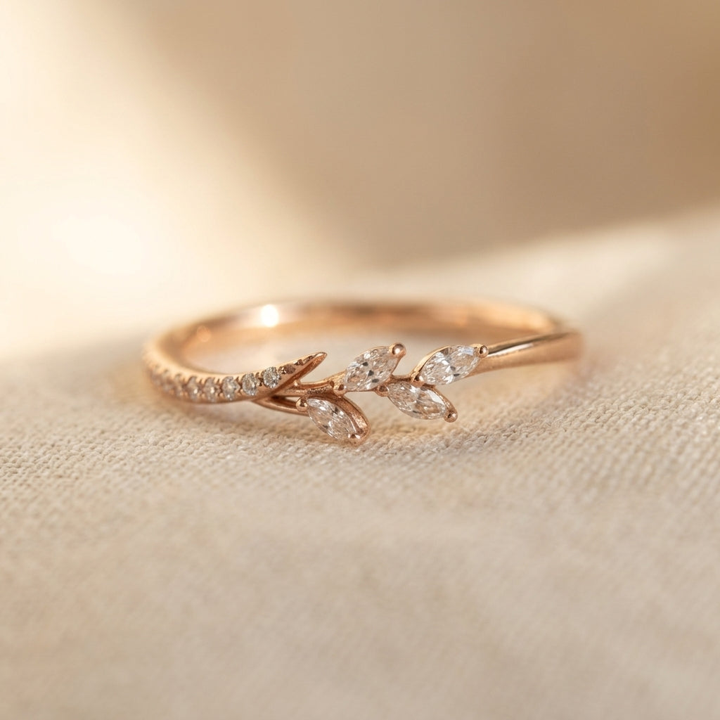 Delicate Leaf Cubic Zirconia Gold-Tone Wedding Ring