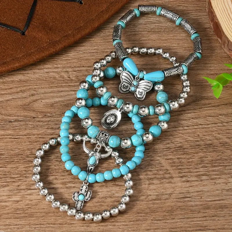 Turquoise Bead Bracelet Set with Charms