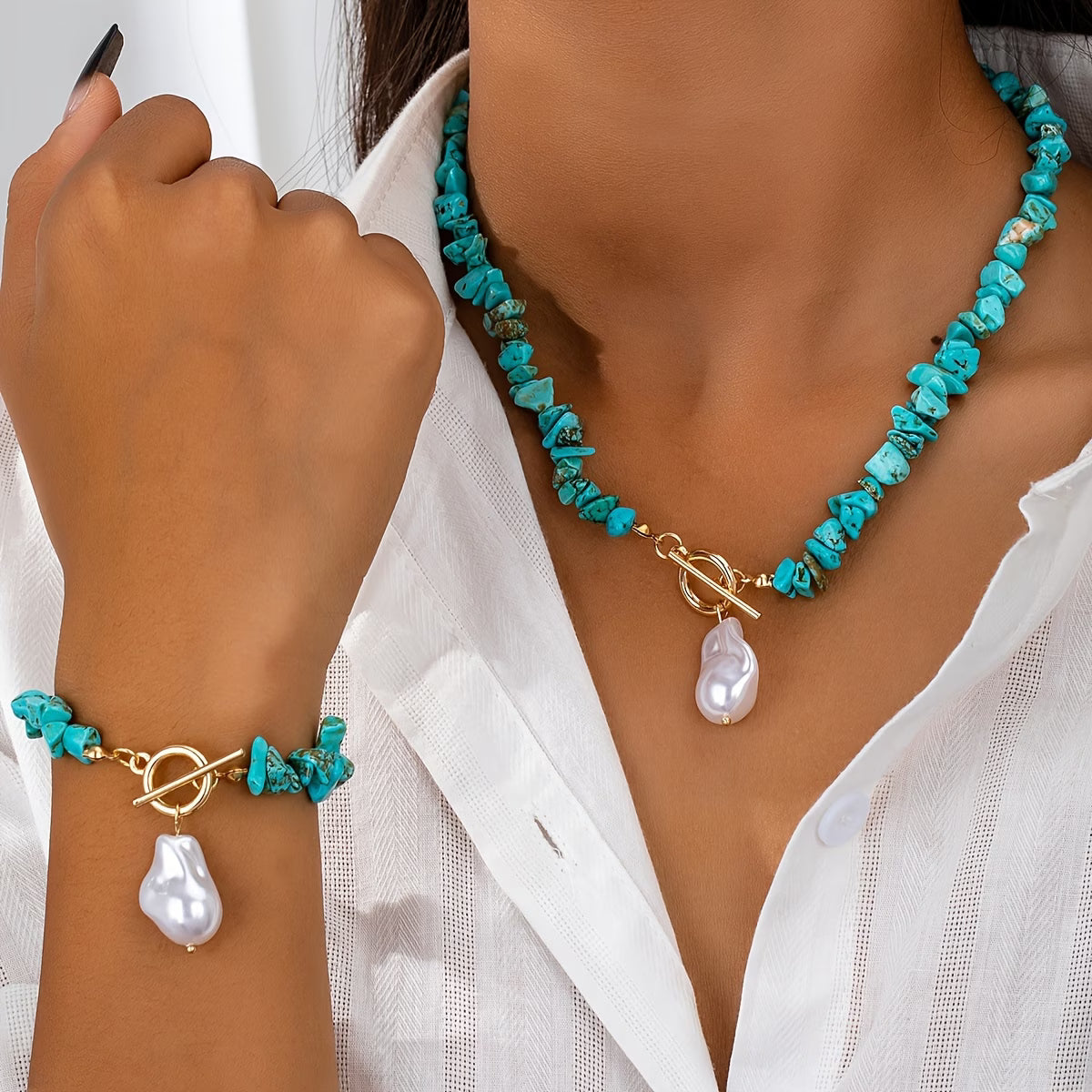 Turquoise and Pearl Necklace and Bracelet Set