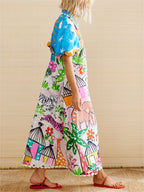 Printed Short Sleeve Button-Front Shirt Maxi Dress