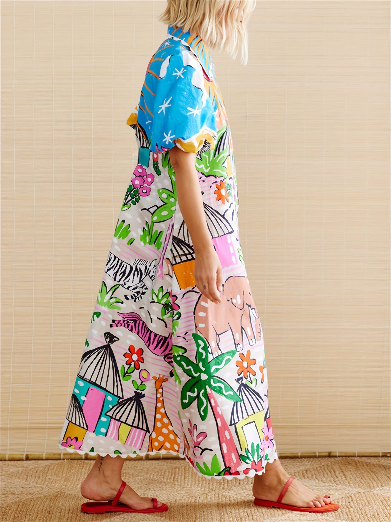Printed Short Sleeve Button-Front Shirt Maxi Dress