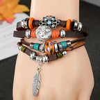 Leather and Bead Bracelet with Feather Charm