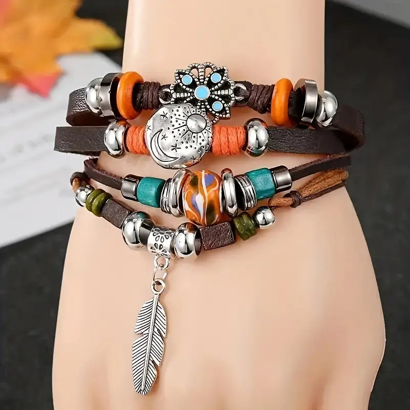 Leather and Bead Bracelet with Feather Charm