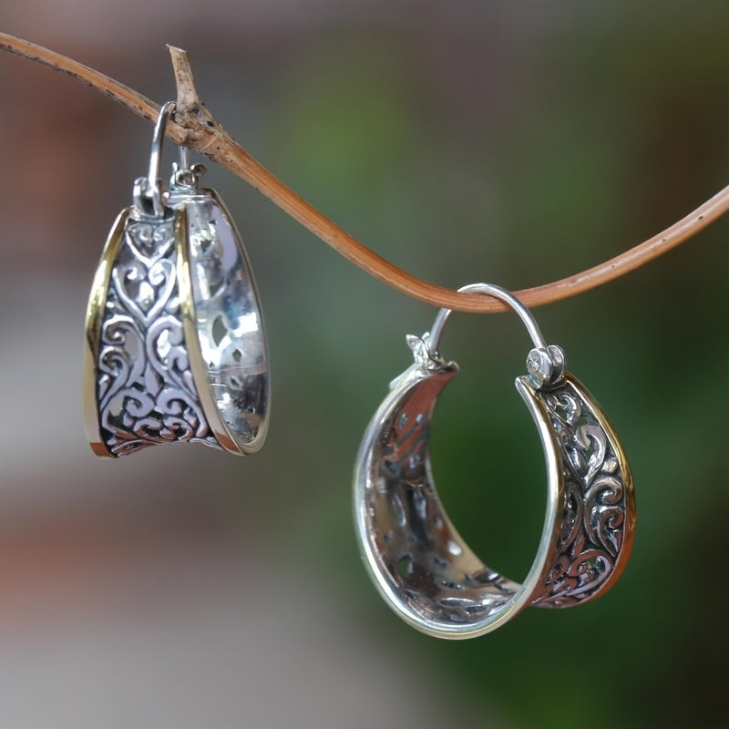 Vintage Two-Tone Hand-Carved Bohemian Hoop Earrings