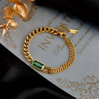 Gold-Tone Double Chain Bracelet with Green Baguette Stone