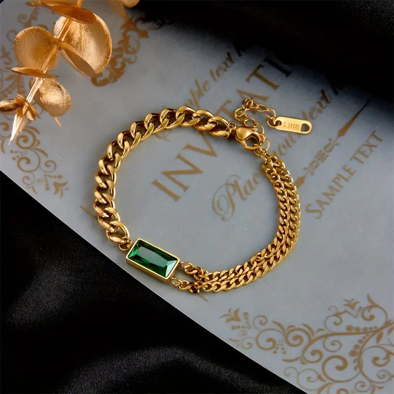 Gold-Tone Double Chain Bracelet with Green Baguette Stone