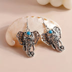 Vintage Turquoise Elephant Silver-Plated Boho Drop Earrings