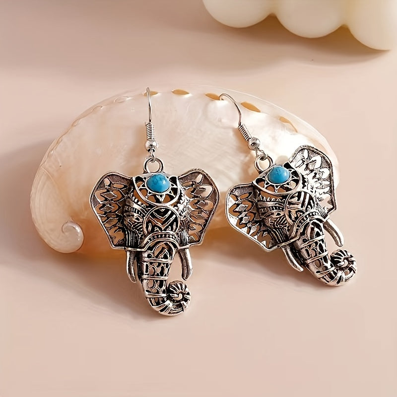 Vintage Turquoise Elephant Silver-Plated Boho Drop Earrings