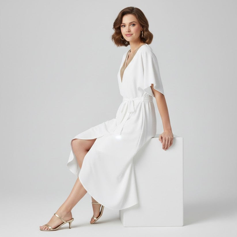 Embellished V-Neck Butterfly Sleeve Maxi Dress