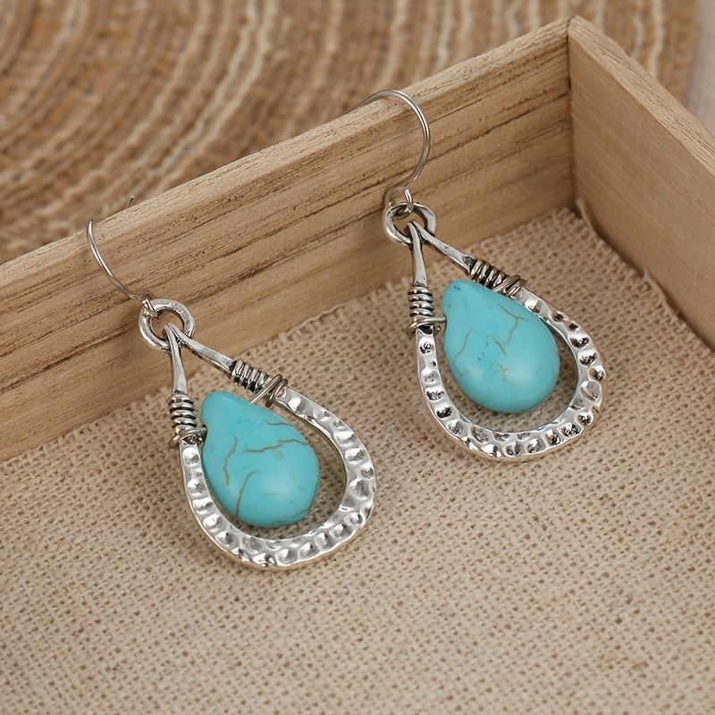 Brincos Vintage Retro com Pendente Gota de Água de Turquesa