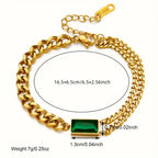 Gold-Tone Double Chain Bracelet with Green Baguette Stone