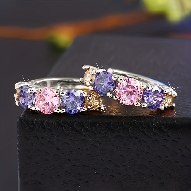 Vintage-Style Purple Zirconia Cluster Hoop Earrings