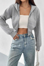 Cropped Zip Through Hoodie with Relaxed Fit and Long Sleeves