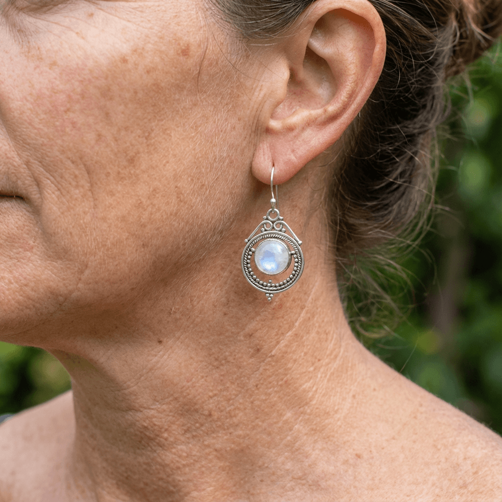 Silver-Tone Round Moonstone Filigree Drop Earrings