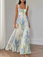 Geplooide chiffon maxi-jurk met vierkante hals en A-lijn rok