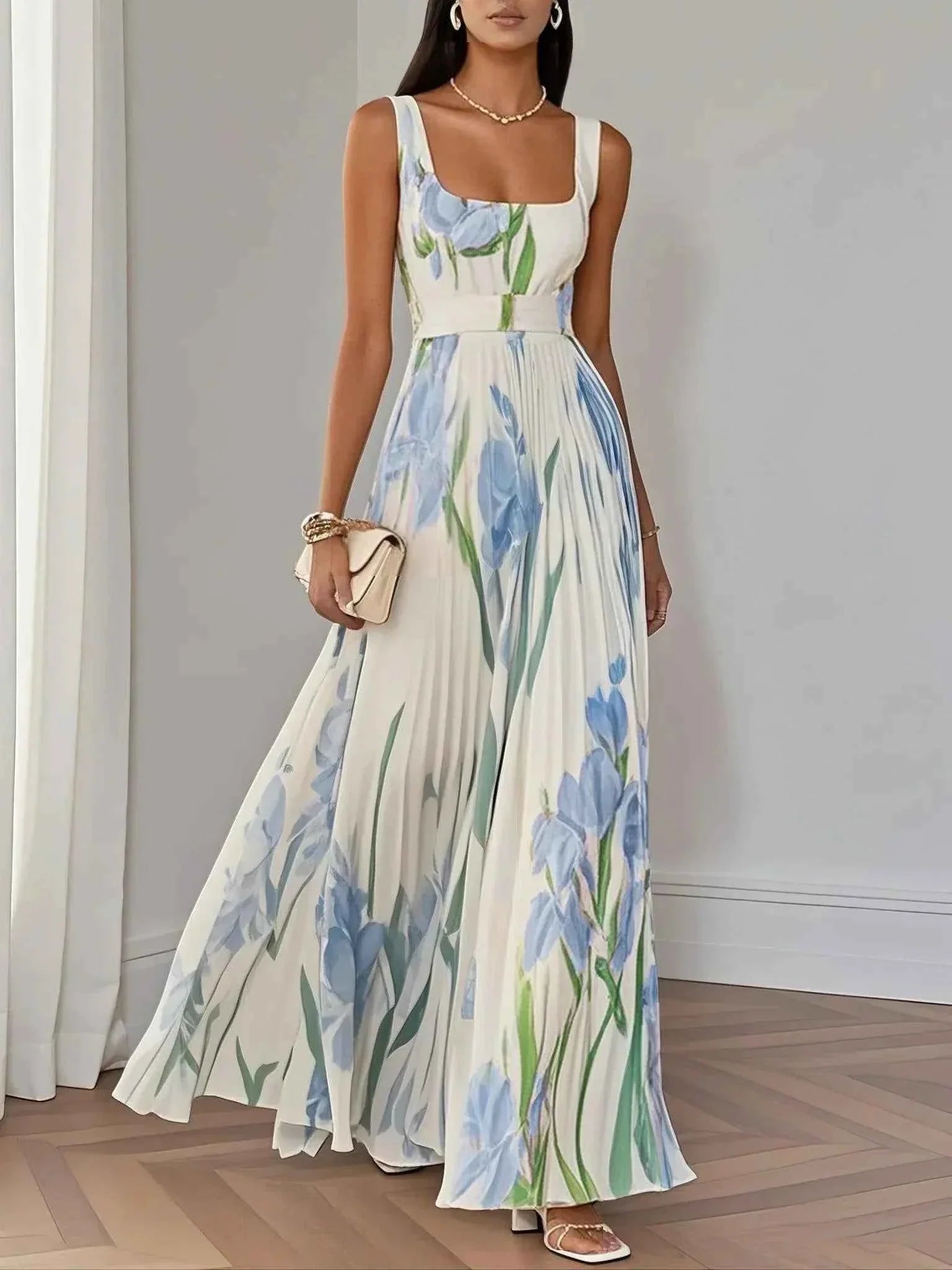 Geplooide chiffon maxi-jurk met vierkante hals en A-lijn rok
