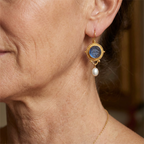 Blue Carved Stone and Pearl Drop Earrings