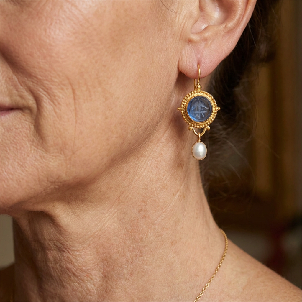 Blue Carved Stone and Pearl Drop Earrings