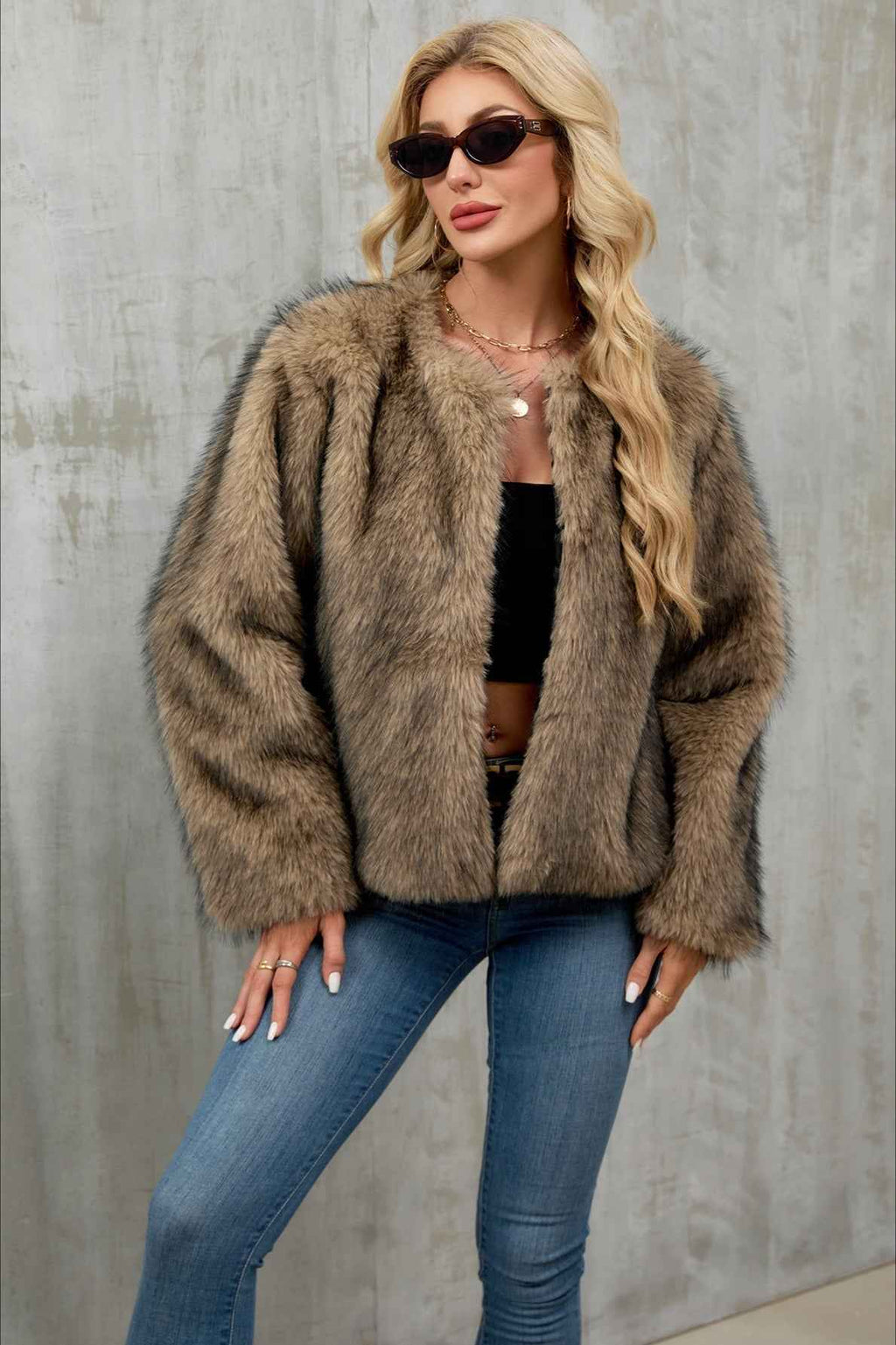 Cropped Plush Cardigan with Crew Neck and Long Sleeves