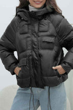 Quilted Hooded Jacket with High Collar and Drawstring Hem