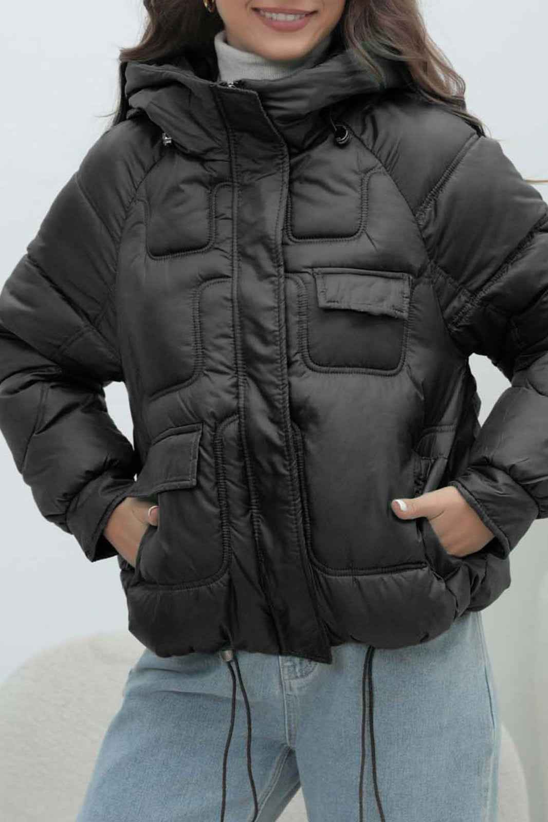 Quilted Hooded Jacket with High Collar and Drawstring Hem