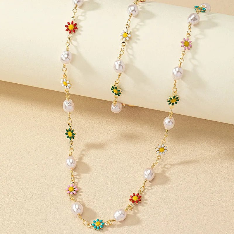 Dainty Spring Floral Pearl Bracelet and Necklace Set