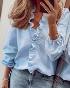 Ruffle-Trim Blouse with V-Neck and Long Sleeves