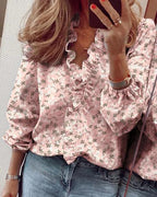 Ruffle-Trim Blouse with V-Neck and Long Sleeves