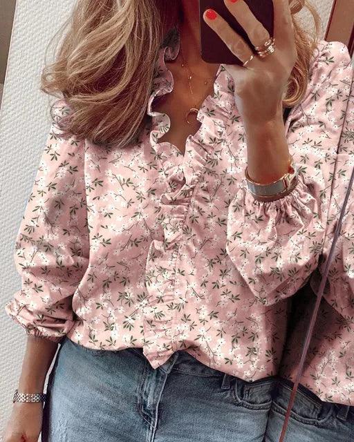 Ruffle-Trim Blouse with V-Neck and Long Sleeves