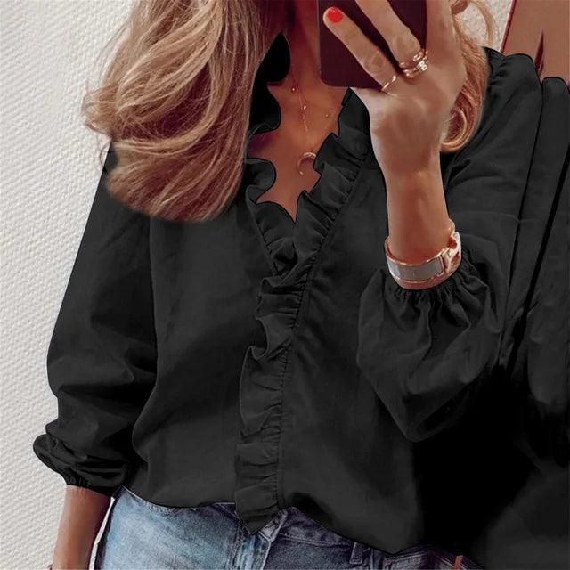 Ruffle-Trim Blouse with V-Neck and Long Sleeves