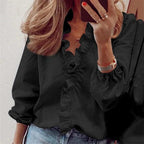 Ruffle-Trim Blouse with V-Neck and Long Sleeves