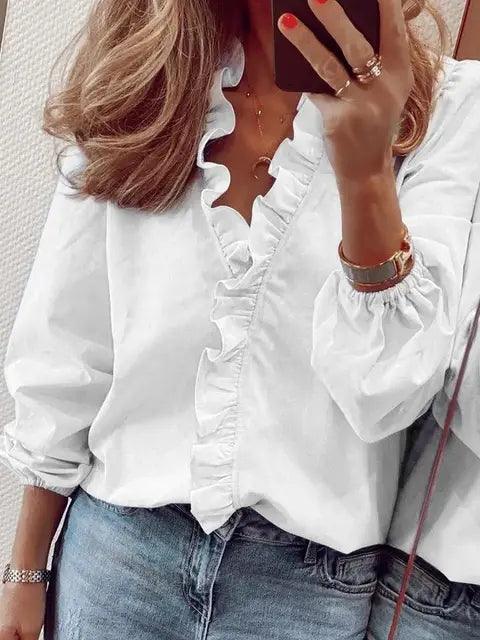 Ruffle-Trim Blouse with V-Neck and Long Sleeves