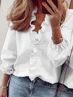 Ruffle-Trim Blouse with V-Neck and Long Sleeves