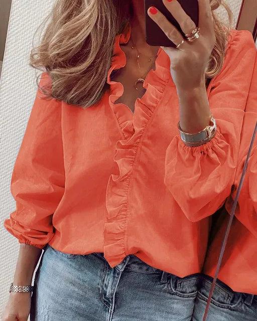 Ruffle-Trim Blouse with V-Neck and Long Sleeves